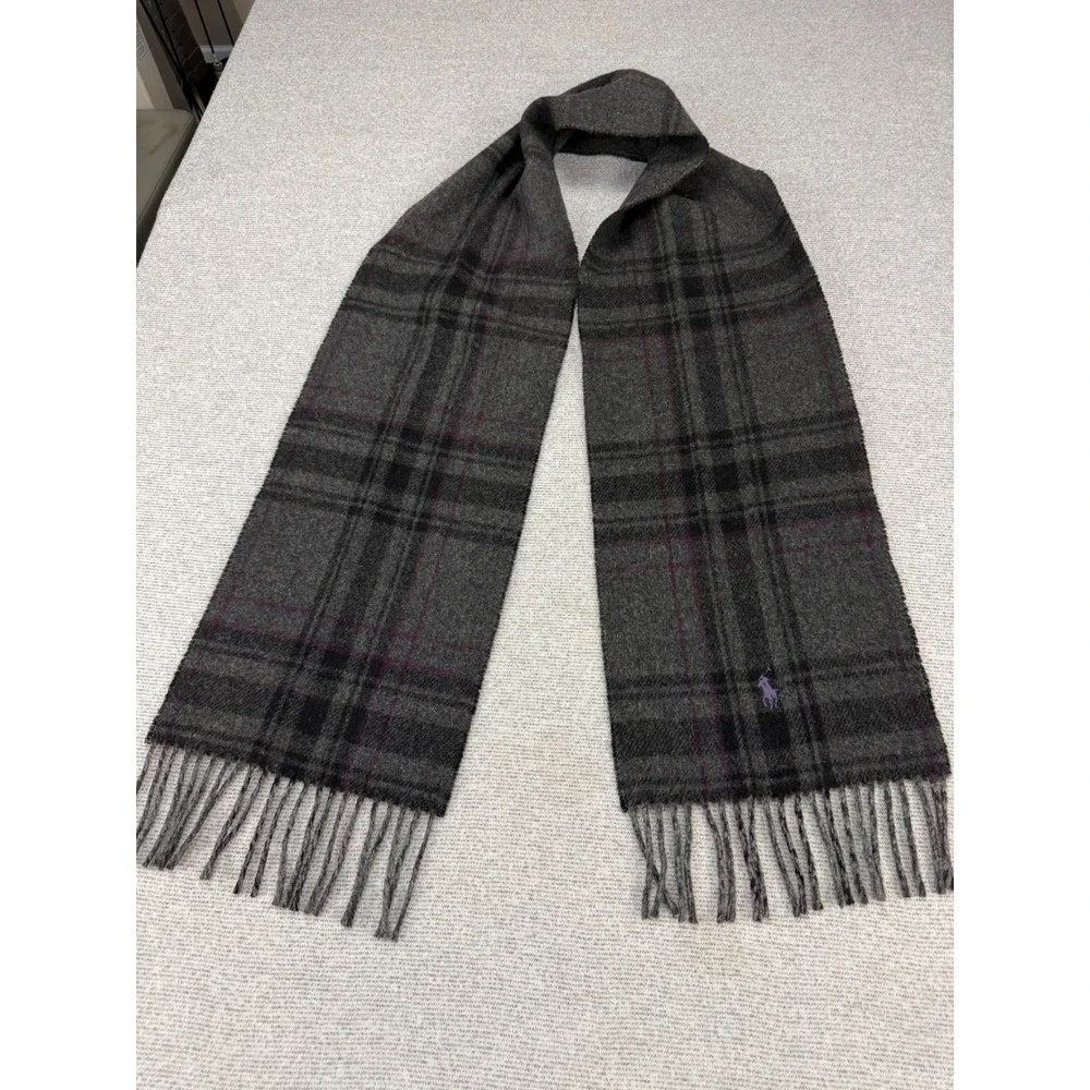 Polo Ralph Lauren Scarf Mens Grey Plaid Herringbone  Wool Blend Italy